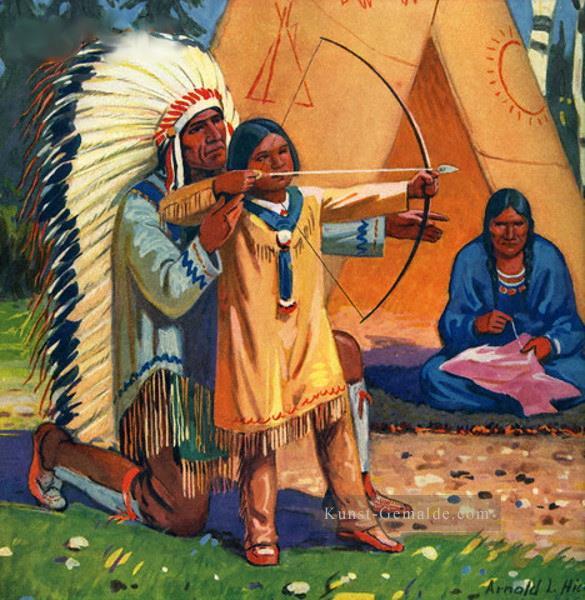 gebürtigen amerikanischen Mann Lehre zu verwenden Bogen und Indian courser Pfeil Ölgemälde